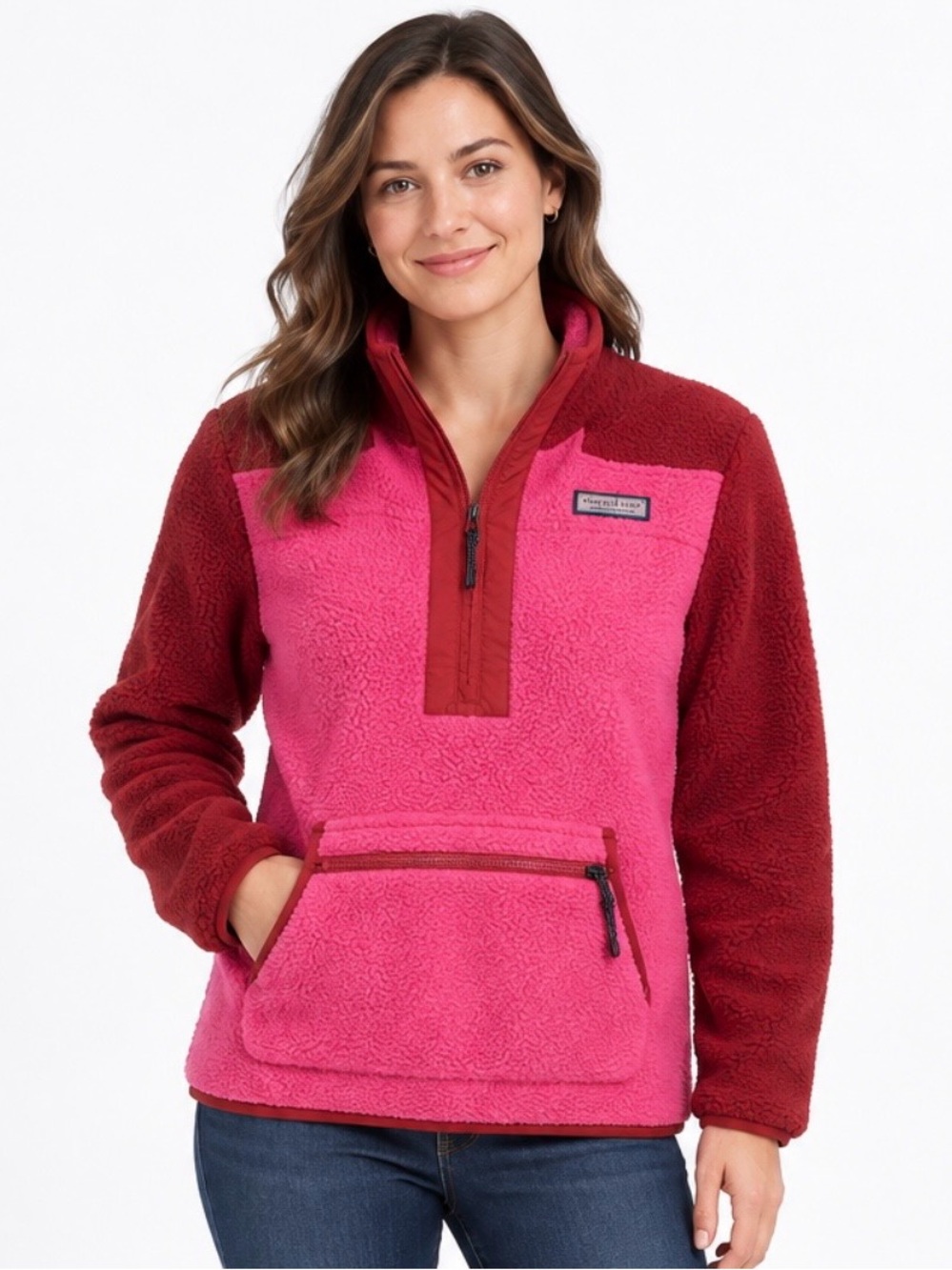 Vineyard Vines Colorblock Teddy Fleece Pullover - Pink/Red Small